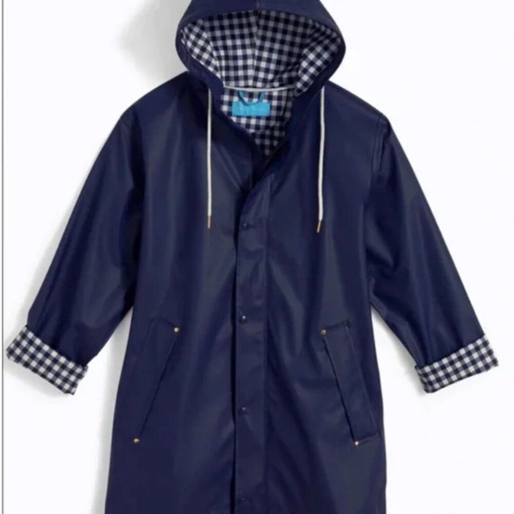 NWT Draper James Raincheck Waterproof Hooded Rain Jacket Navy Gingham M - Picture 5 of 13